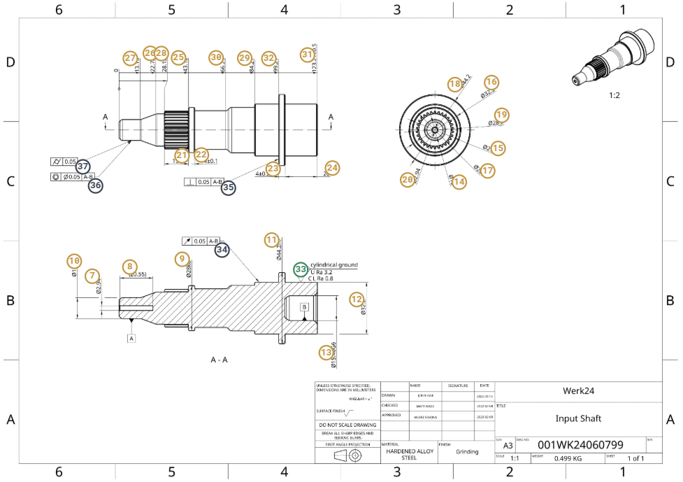 Auto-ballooned engineering drawing — Input Shaft
